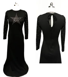 * VINTAGE BLACK SPARKLING RHINESTONE STAR EVENING GOWN WITH KEYHOLE BACK