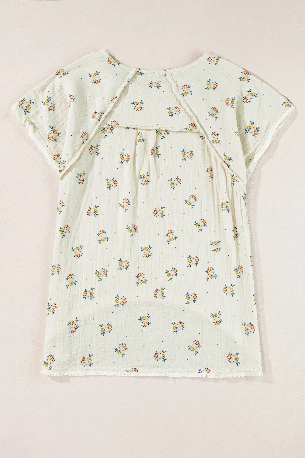 Beige Floral Detail Fringe Trimming Textured Top