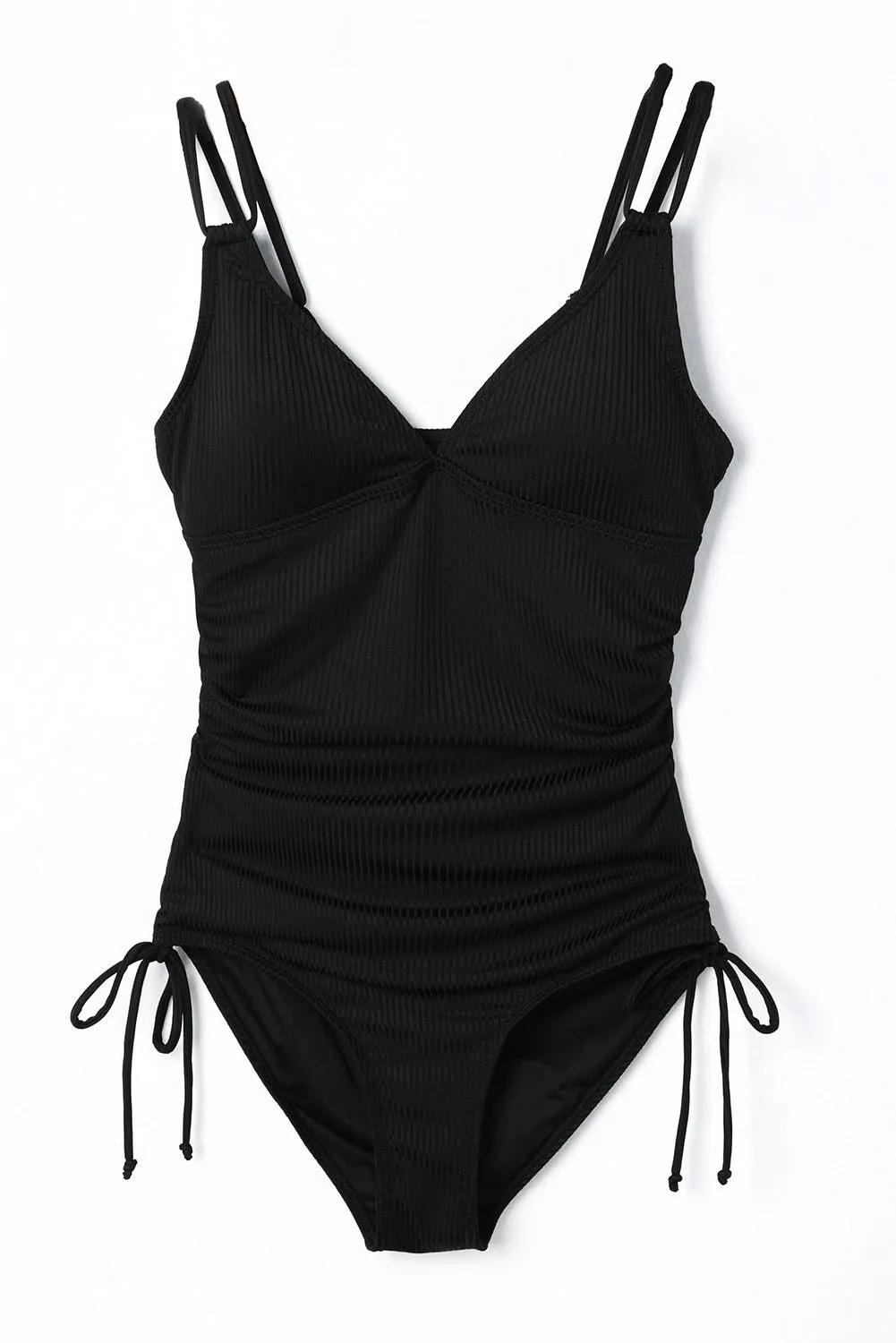 Black Adjustable Straps Ribbed Knit One Piece Swimsuit