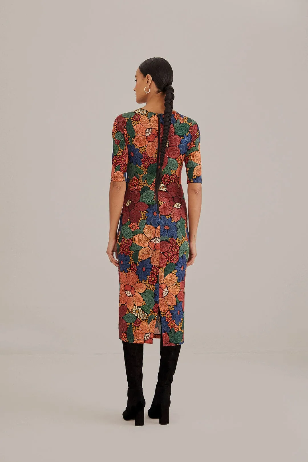 Black Stitched Flowers Lenzing™ Ecovero™ Viscose Midi Dress