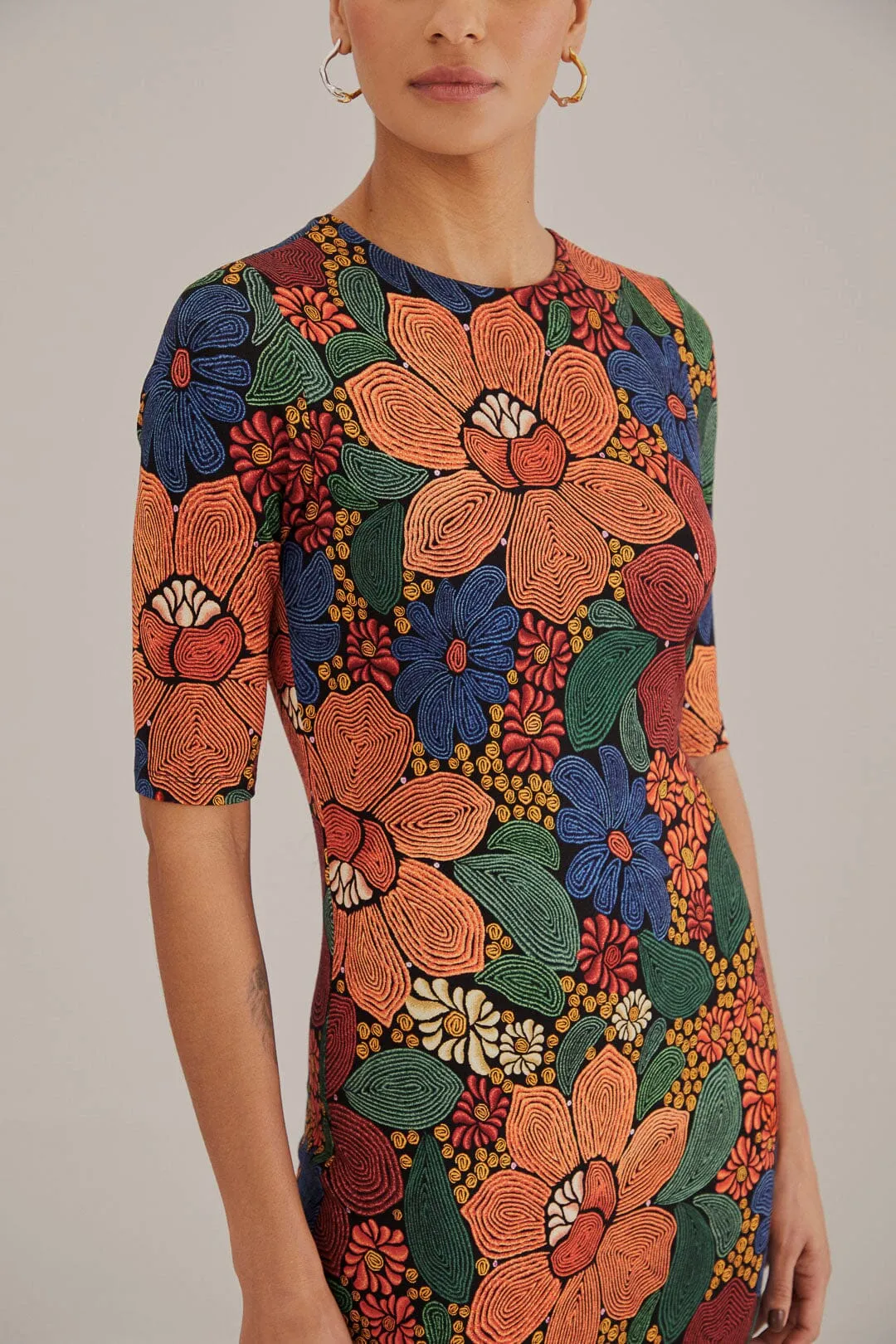 Black Stitched Flowers Lenzing™ Ecovero™ Viscose Midi Dress