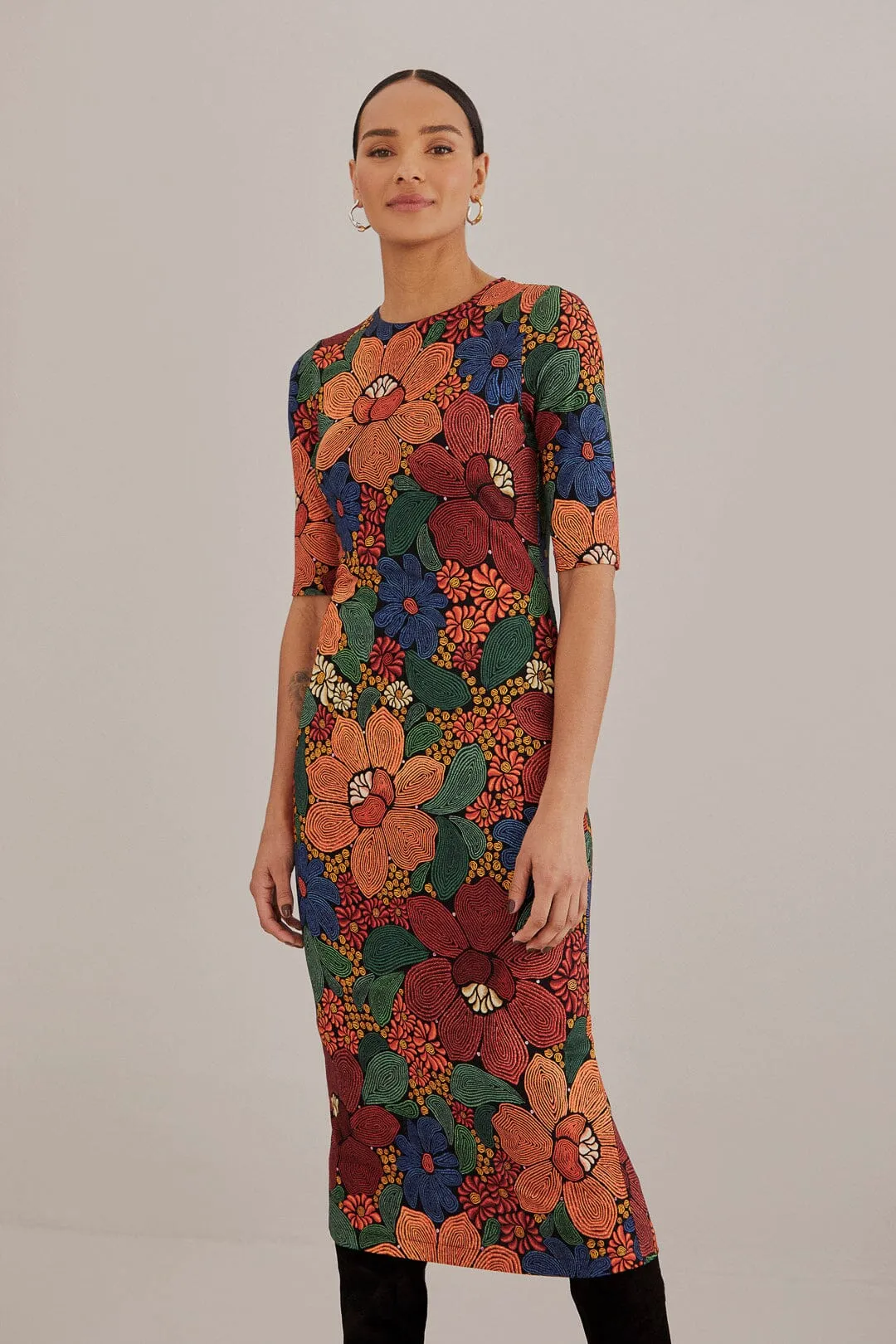 Black Stitched Flowers Lenzing™ Ecovero™ Viscose Midi Dress