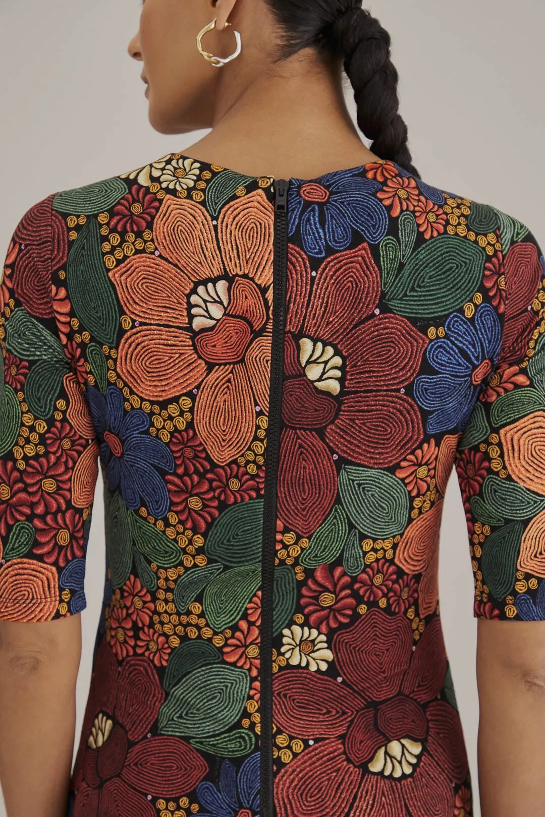 Black Stitched Flowers Lenzing™ Ecovero™ Viscose Midi Dress