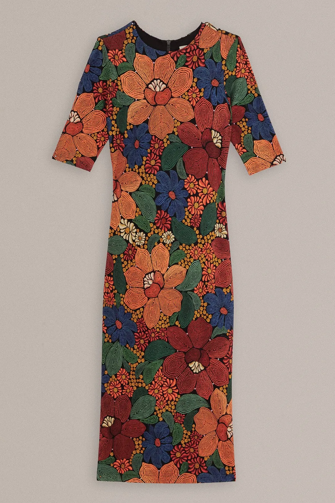 Black Stitched Flowers Lenzing™ Ecovero™ Viscose Midi Dress