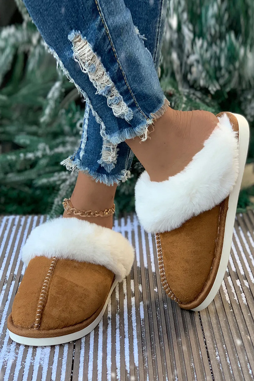 Camel Suede Plush Thick Sole Slippers