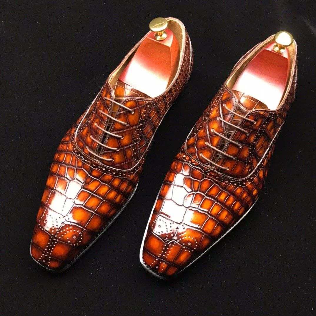 Crocodile Shoes Genuine Crocodile Leather Mens Wingtip Formal Lace up Wedding Office Shoes