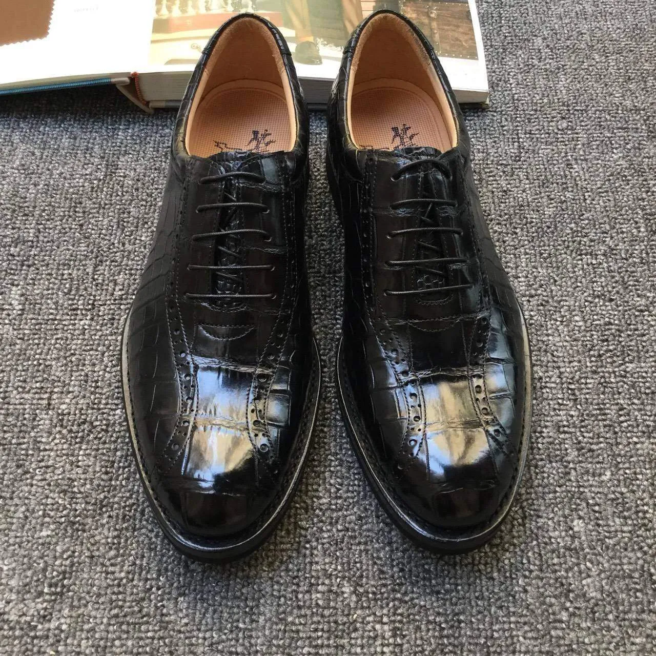 Crocodile Shoes Men s Crocodile Leather Hand-Painted  Lace-Up Shoes ,Goodyear Welted  Brogue Shoes