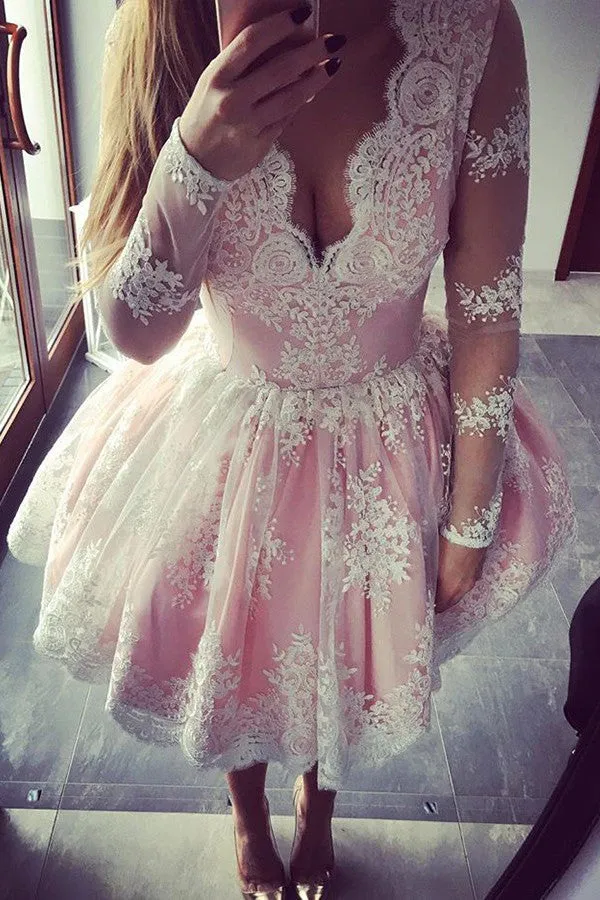 Cute A-line Pink Short Homecoming Dress, Long Sleeves Party Dress,SH52