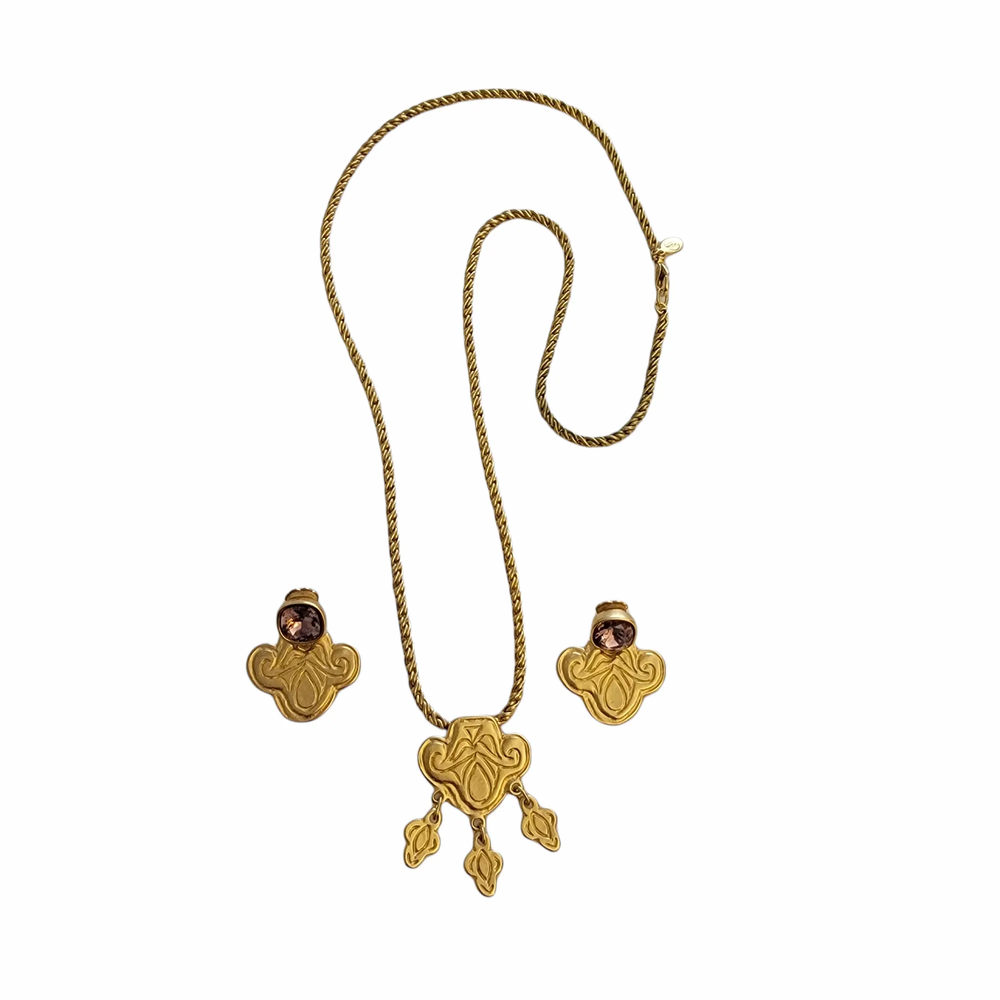 Designer Signed Mary McFadden Egyptian Style Gilt Necklace and Earrings