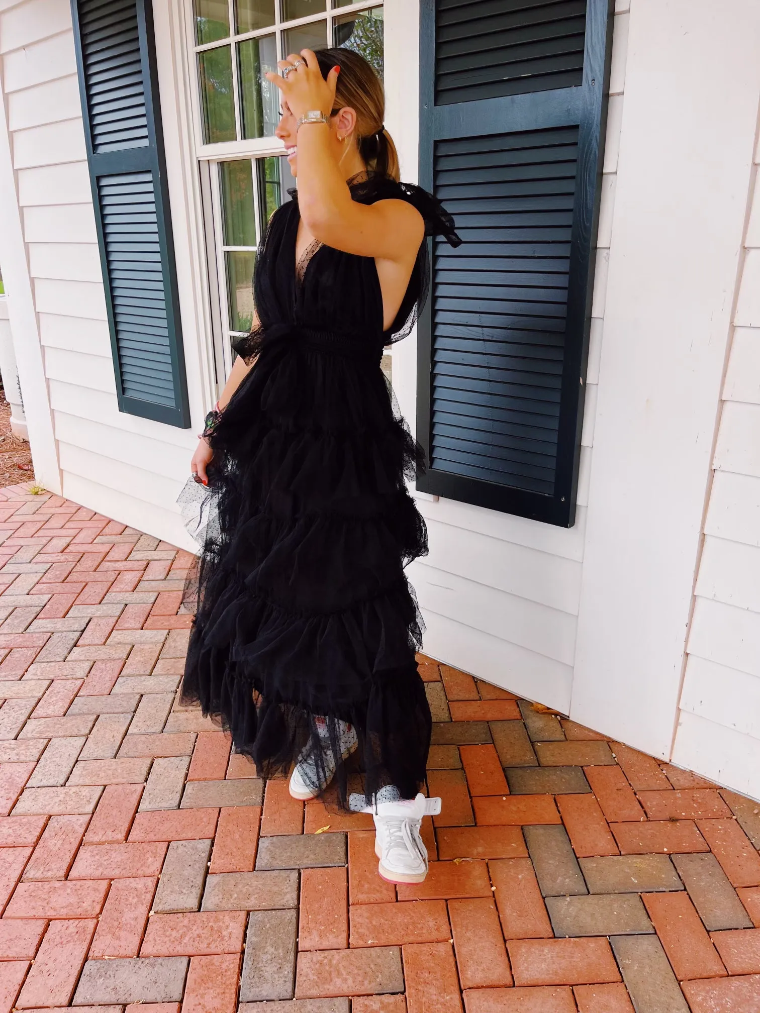 Dotted Mesh Tiered Maxi Dress - Black