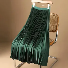 Elegant Satin Long Pleated Skirt Woman Spring Summer Elastic Waist A-Line Skirts for Women Office Wild Green Midi Skirt
