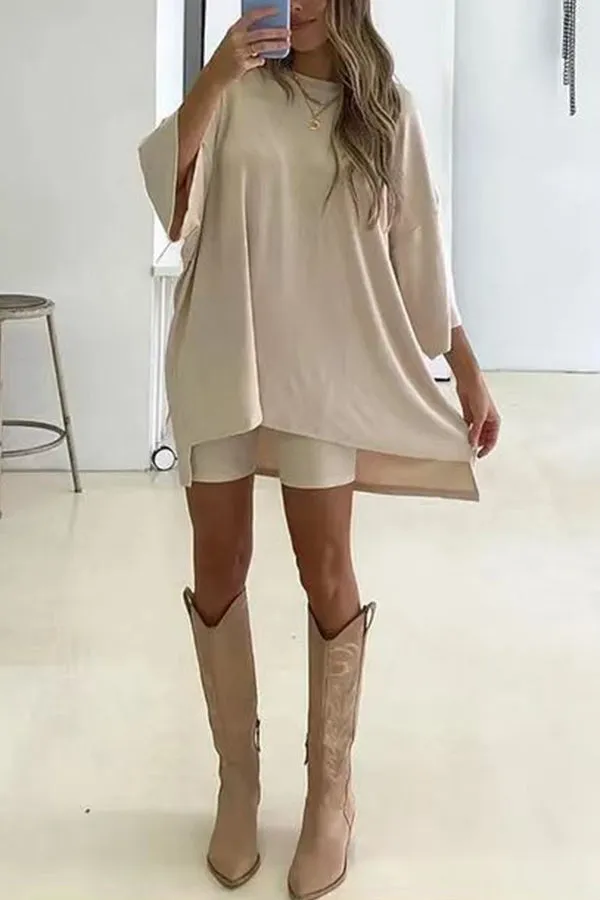 Fashion solid color loose fitting T-shirt tight shorts for women