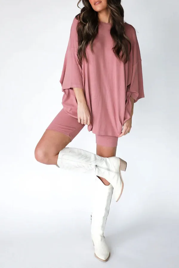 Fashion solid color loose fitting T-shirt tight shorts for women