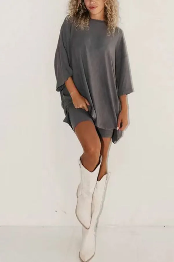 Fashion solid color loose fitting T-shirt tight shorts for women