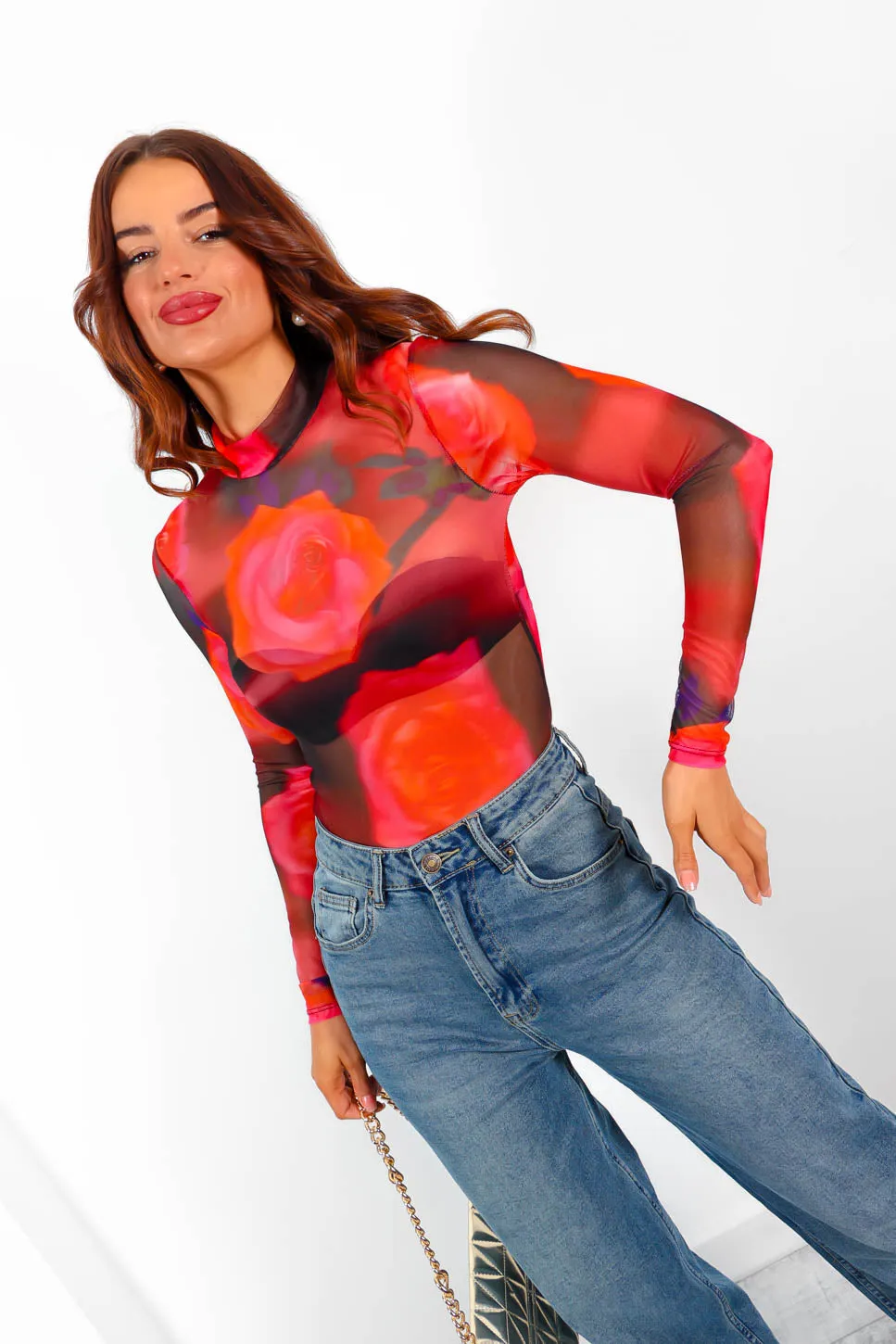 Its Sheer Luck - Black Pink Rose Blurred Print Mesh Top