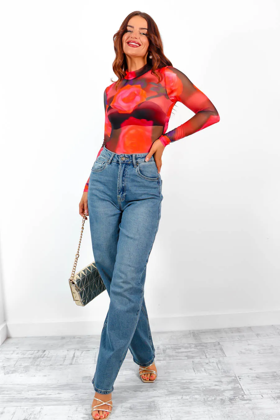 Its Sheer Luck - Black Pink Rose Blurred Print Mesh Top