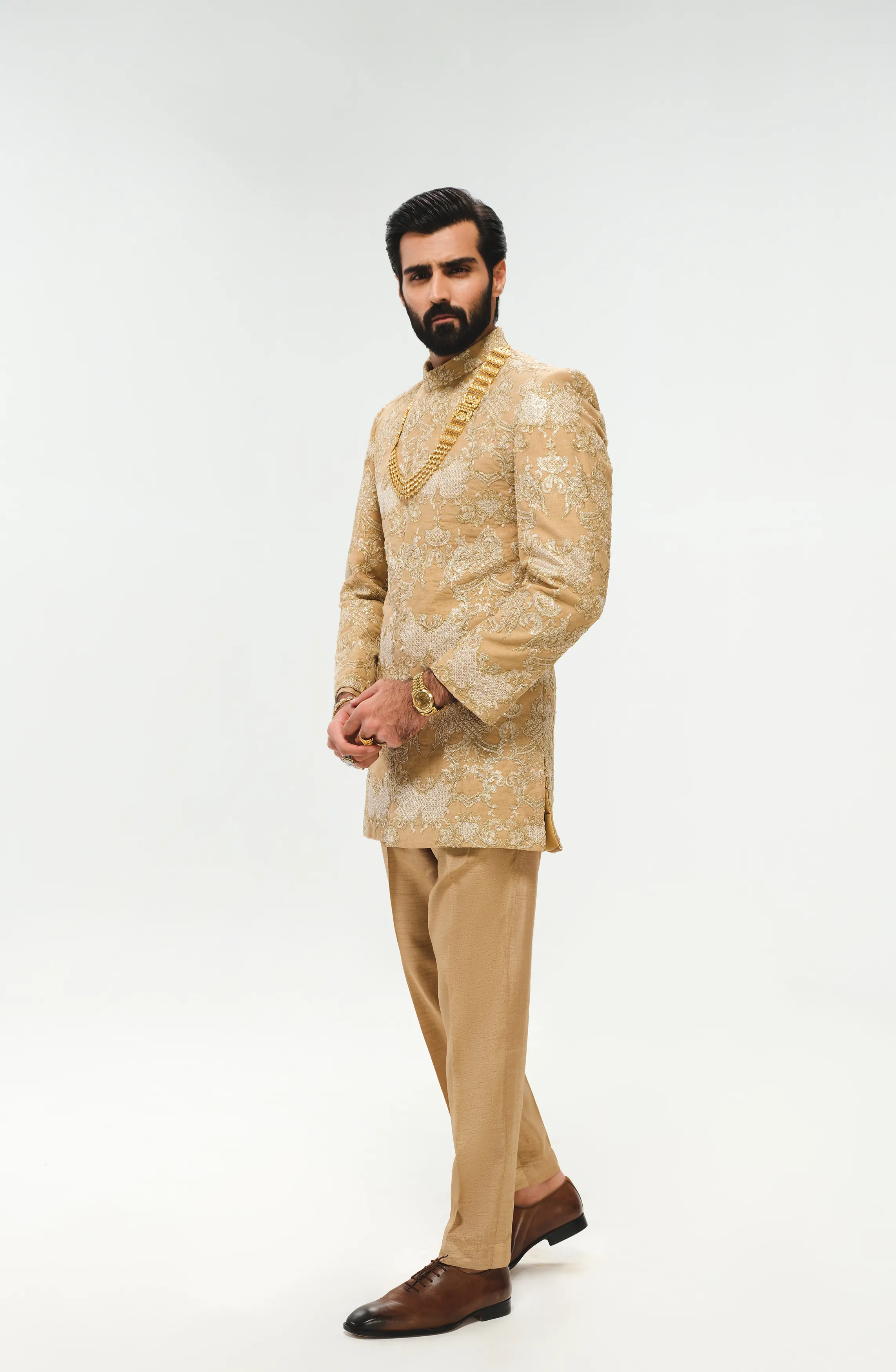 Light Beige Silk Prince Coat with Straight Trousers and Inner Kurta