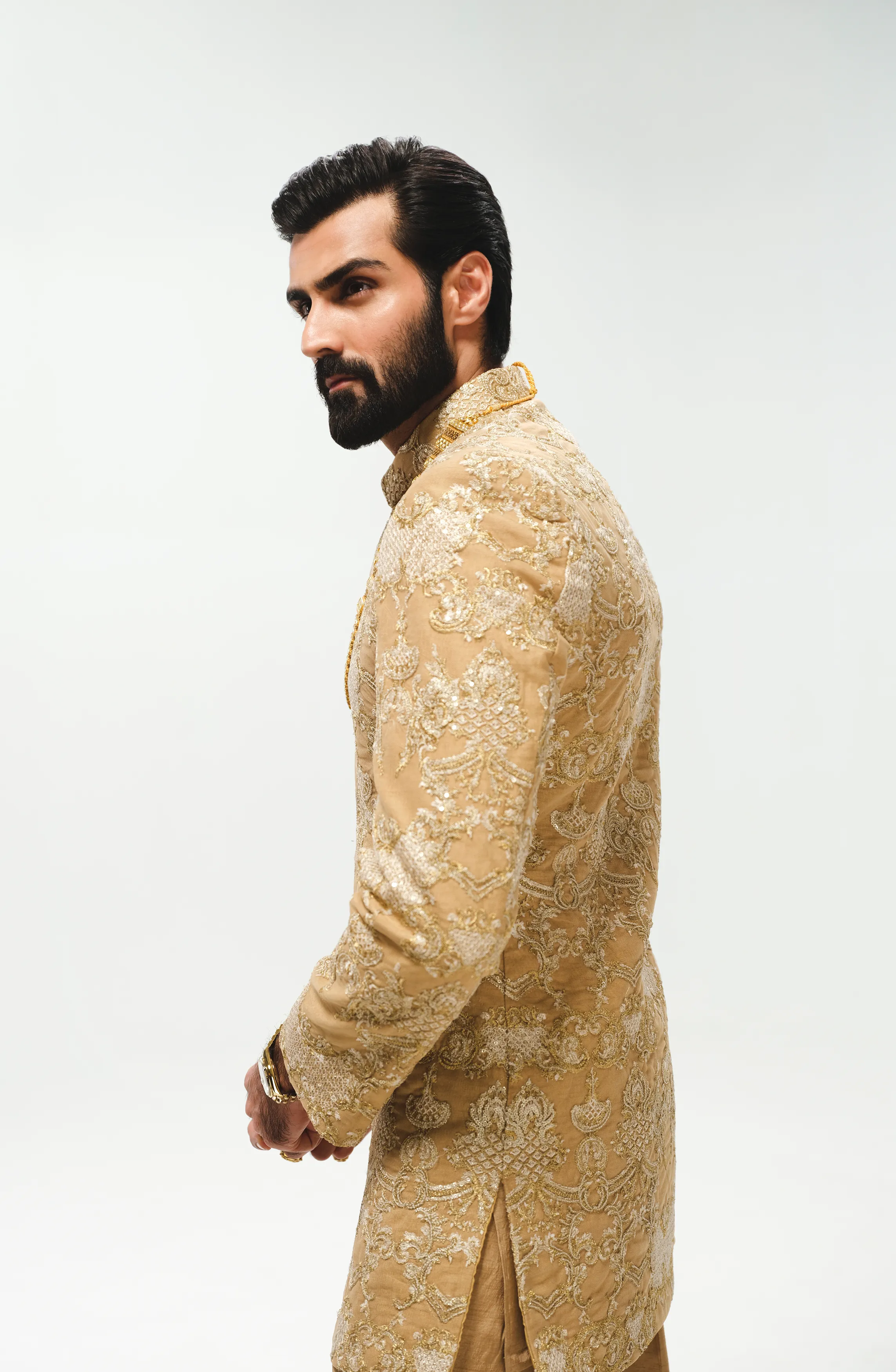 Light Beige Silk Prince Coat with Straight Trousers and Inner Kurta
