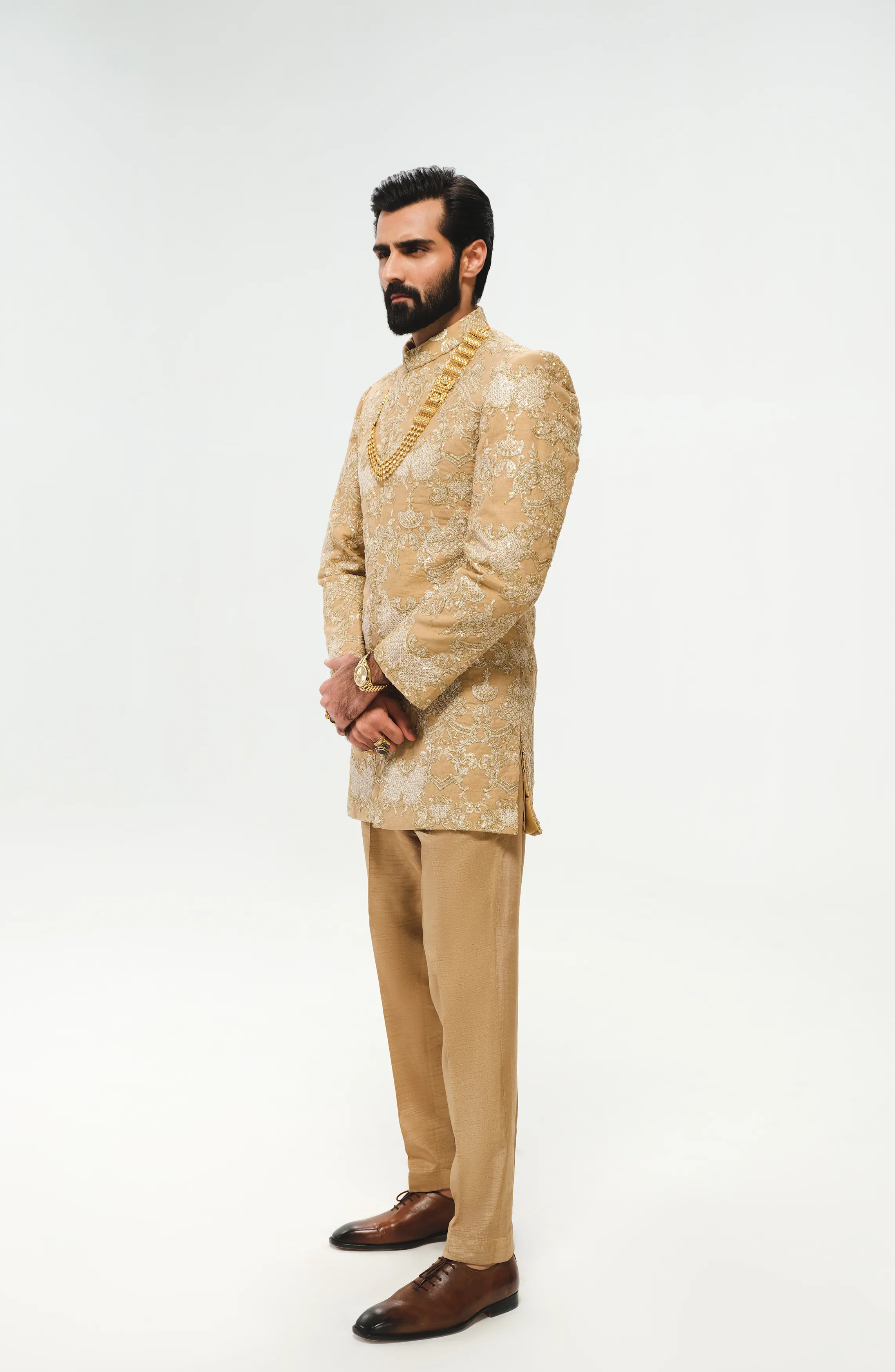 Light Beige Silk Prince Coat with Straight Trousers and Inner Kurta