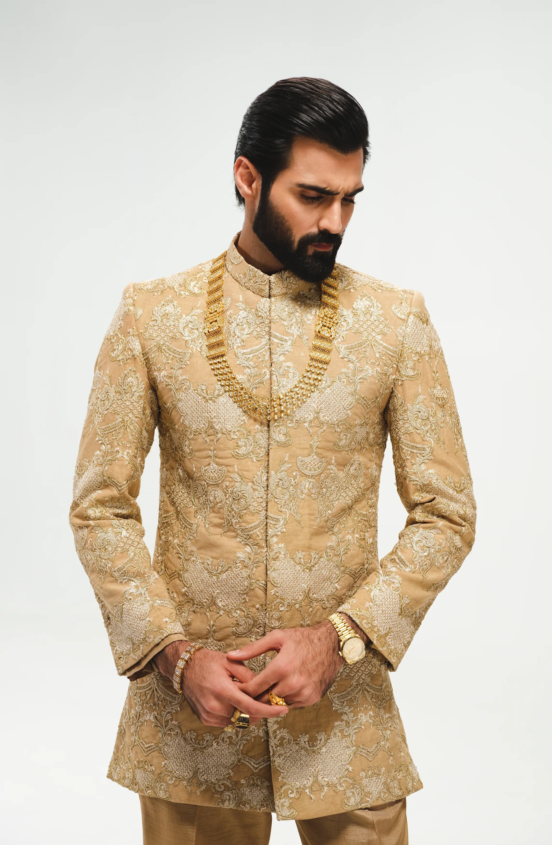Light Beige Silk Prince Coat with Straight Trousers and Inner Kurta