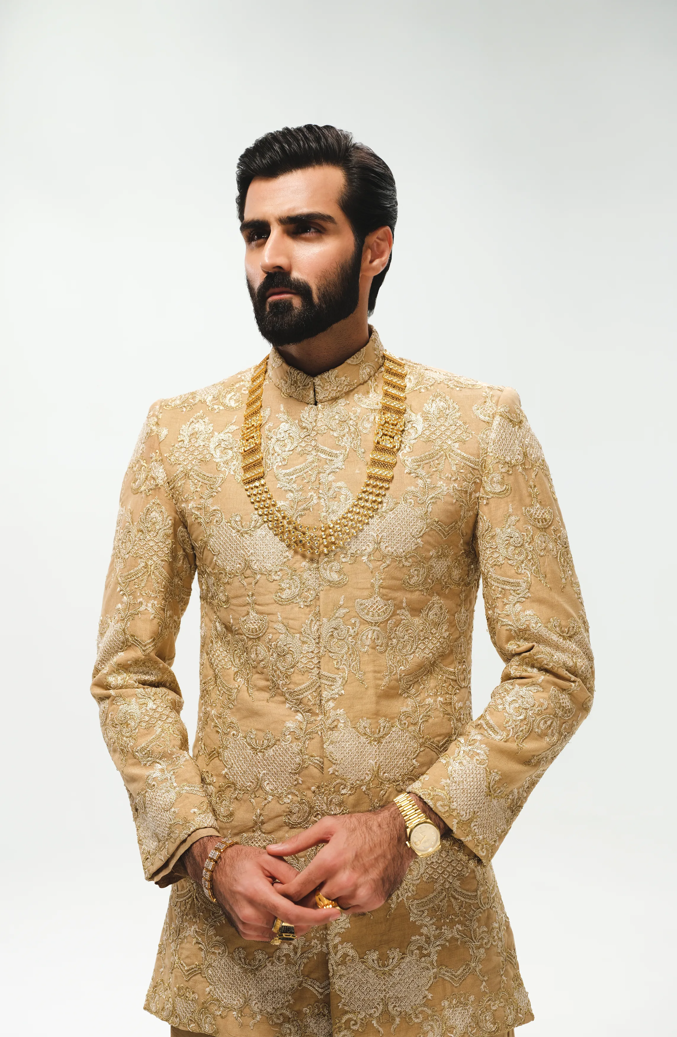 Light Beige Silk Prince Coat with Straight Trousers and Inner Kurta