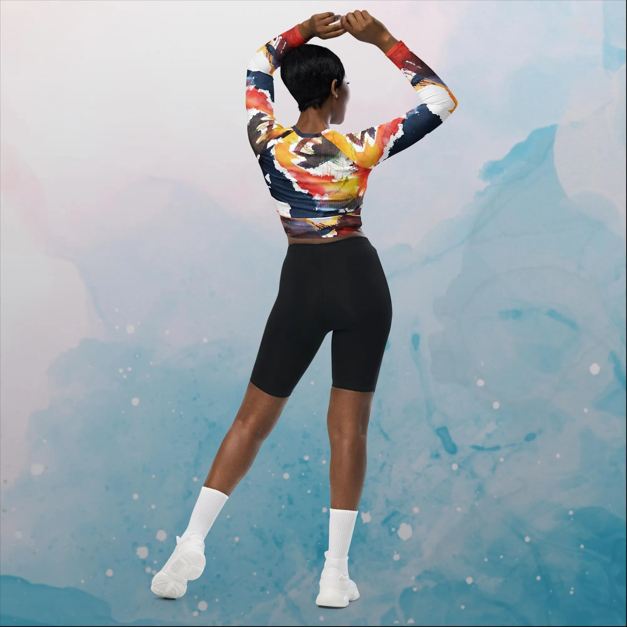 Primary Color Pallet Paint Print Womens Recycled Long Sleeve Crop Top