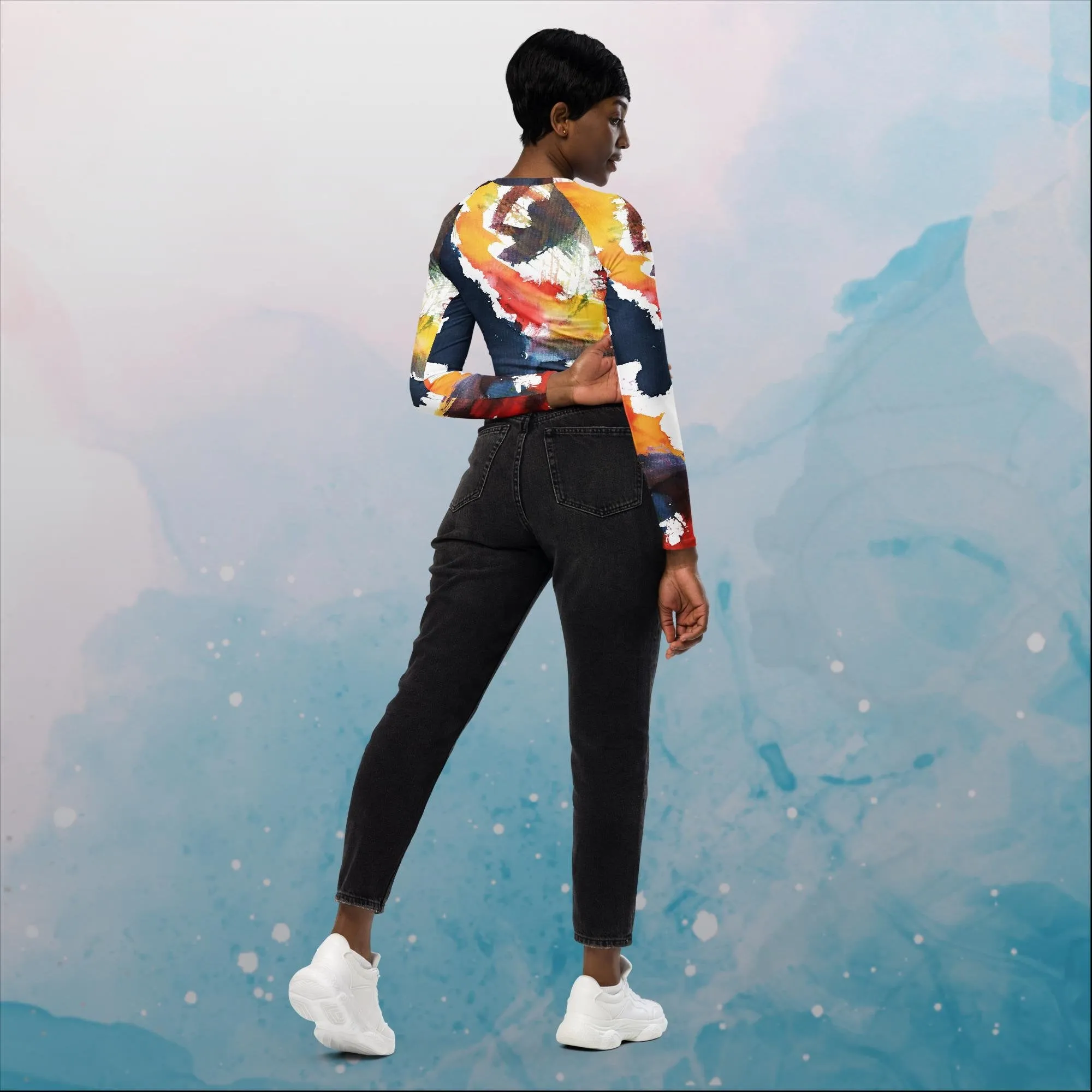 Primary Color Pallet Paint Print Womens Recycled Long Sleeve Crop Top