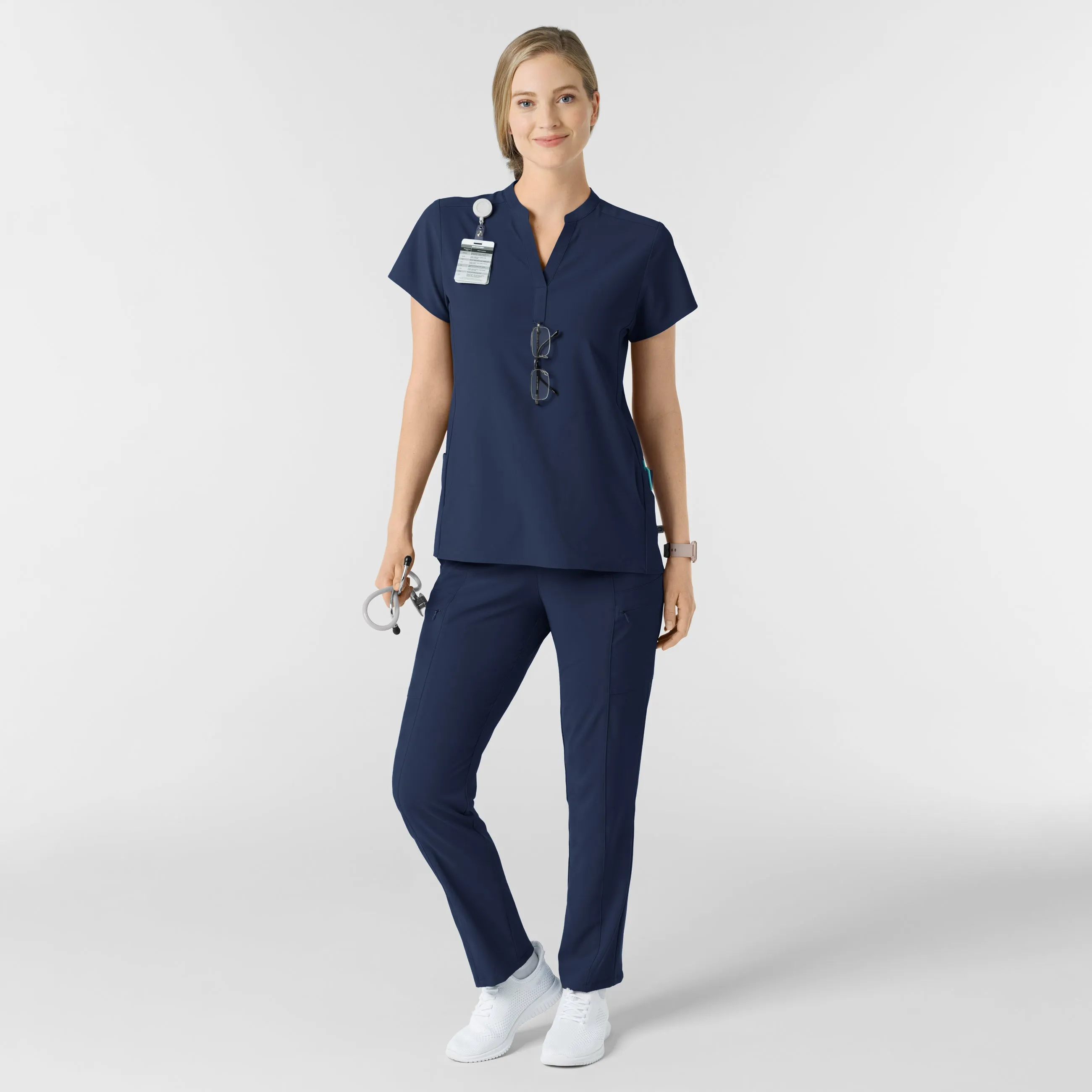 RENEW Women's Mandarin Collar Scrub Top - Navy
