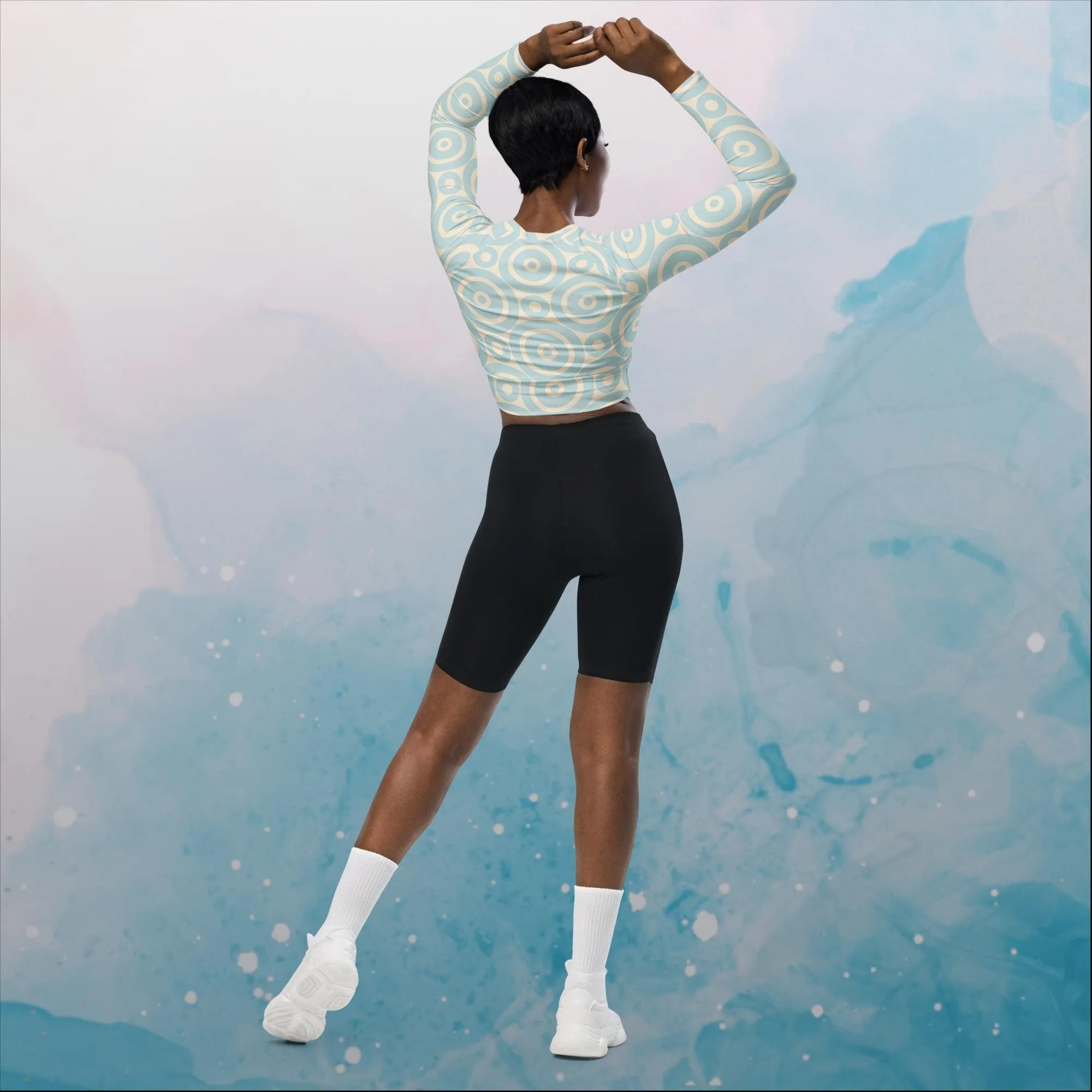 Robins Egg Blue Printed Target Circles Womens Recycled Long Sleeve Crop Top