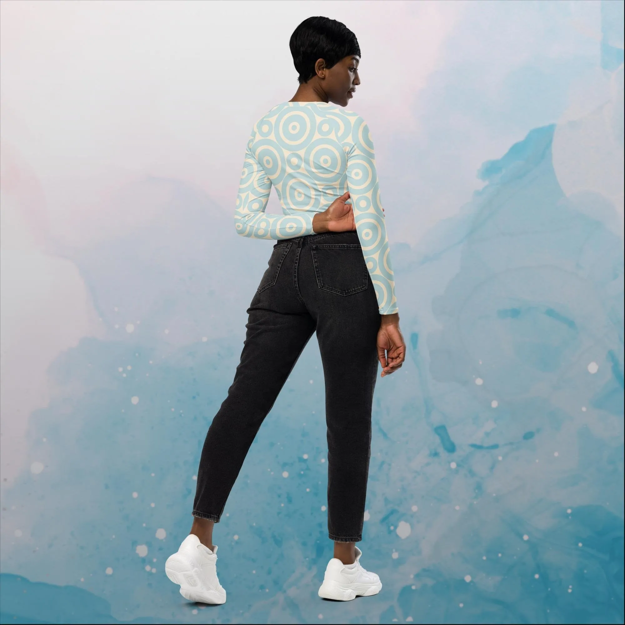 Robins Egg Blue Printed Target Circles Womens Recycled Long Sleeve Crop Top
