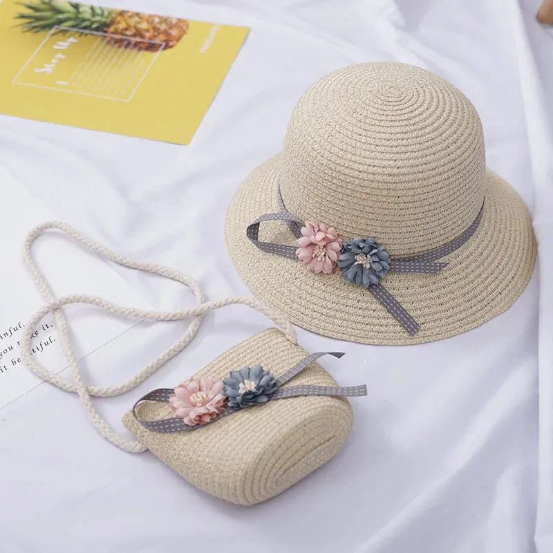 Summer Baby Straw Hat with Handbag & Flower - UV Protection Beach Hat for Kids