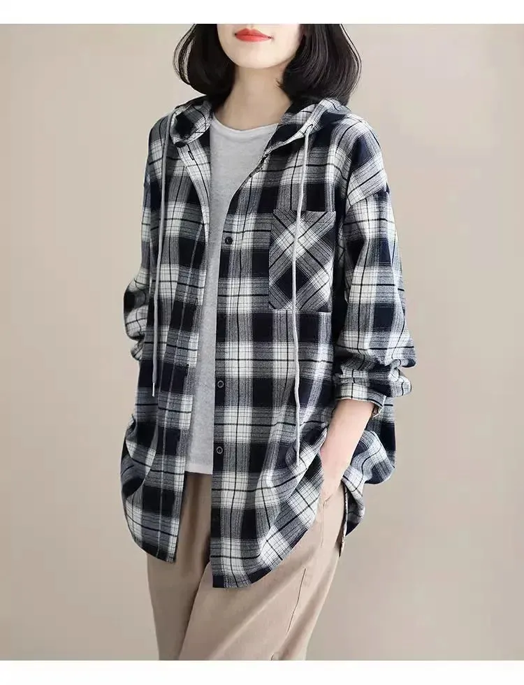 Top Women Clothing Checkered Shirt Hooded Cardigan Jacke Loose Top Ladies Versatile T Korean Style Streetwear Spring Summer Y2k