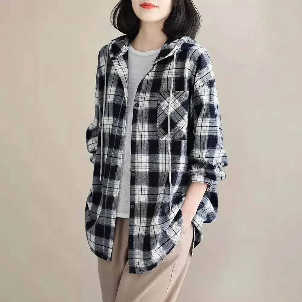Top Women Clothing Checkered Shirt Hooded Cardigan Jacke Loose Top Ladies Versatile T Korean Style Streetwear Spring Summer Y2k