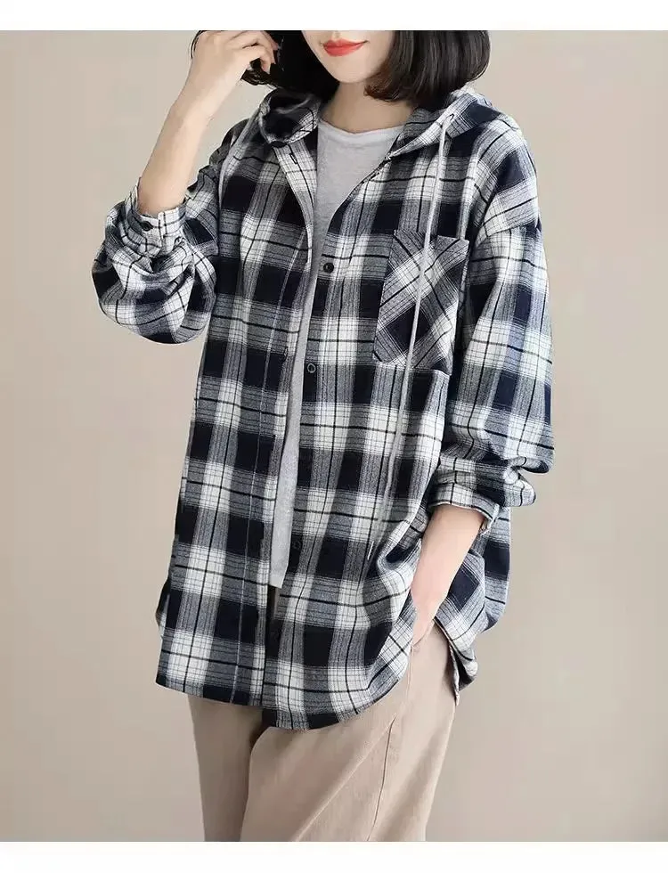 Top Women Clothing Checkered Shirt Hooded Cardigan Jacke Loose Top Ladies Versatile T Korean Style Streetwear Spring Summer Y2k