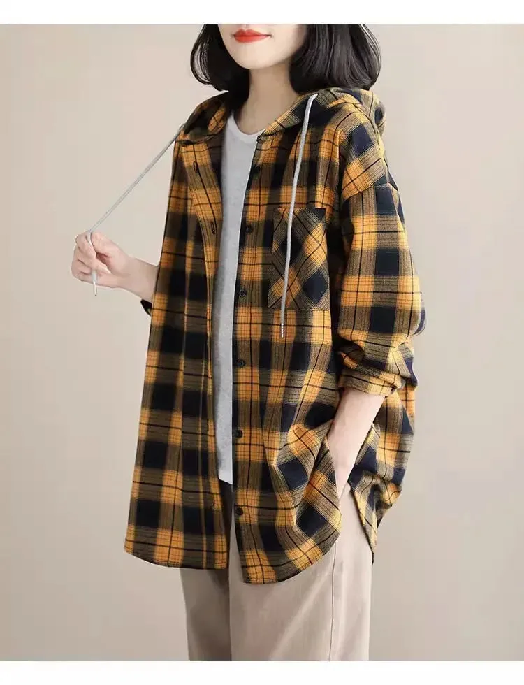Top Women Clothing Checkered Shirt Hooded Cardigan Jacke Loose Top Ladies Versatile T Korean Style Streetwear Spring Summer Y2k