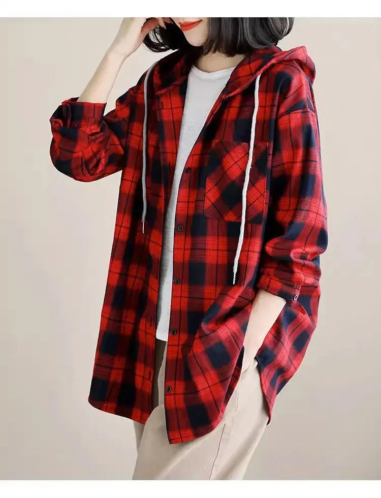 Top Women Clothing Checkered Shirt Hooded Cardigan Jacke Loose Top Ladies Versatile T Korean Style Streetwear Spring Summer Y2k