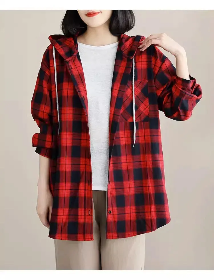 Top Women Clothing Checkered Shirt Hooded Cardigan Jacke Loose Top Ladies Versatile T Korean Style Streetwear Spring Summer Y2k