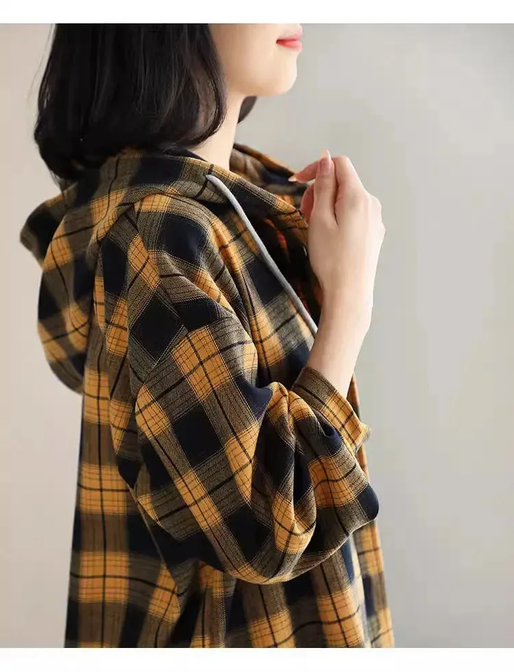 Top Women Clothing Checkered Shirt Hooded Cardigan Jacke Loose Top Ladies Versatile T Korean Style Streetwear Spring Summer Y2k