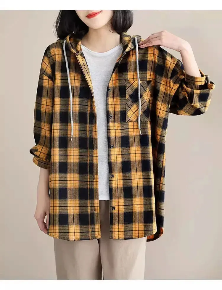 Top Women Clothing Checkered Shirt Hooded Cardigan Jacke Loose Top Ladies Versatile T Korean Style Streetwear Spring Summer Y2k