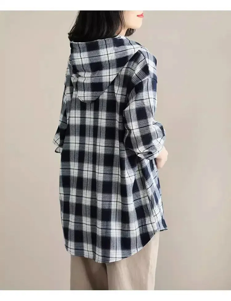Top Women Clothing Checkered Shirt Hooded Cardigan Jacke Loose Top Ladies Versatile T Korean Style Streetwear Spring Summer Y2k