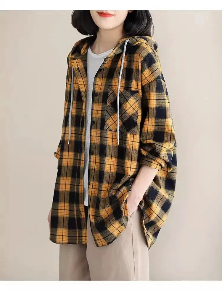 Top Women Clothing Checkered Shirt Hooded Cardigan Jacke Loose Top Ladies Versatile T Korean Style Streetwear Spring Summer Y2k
