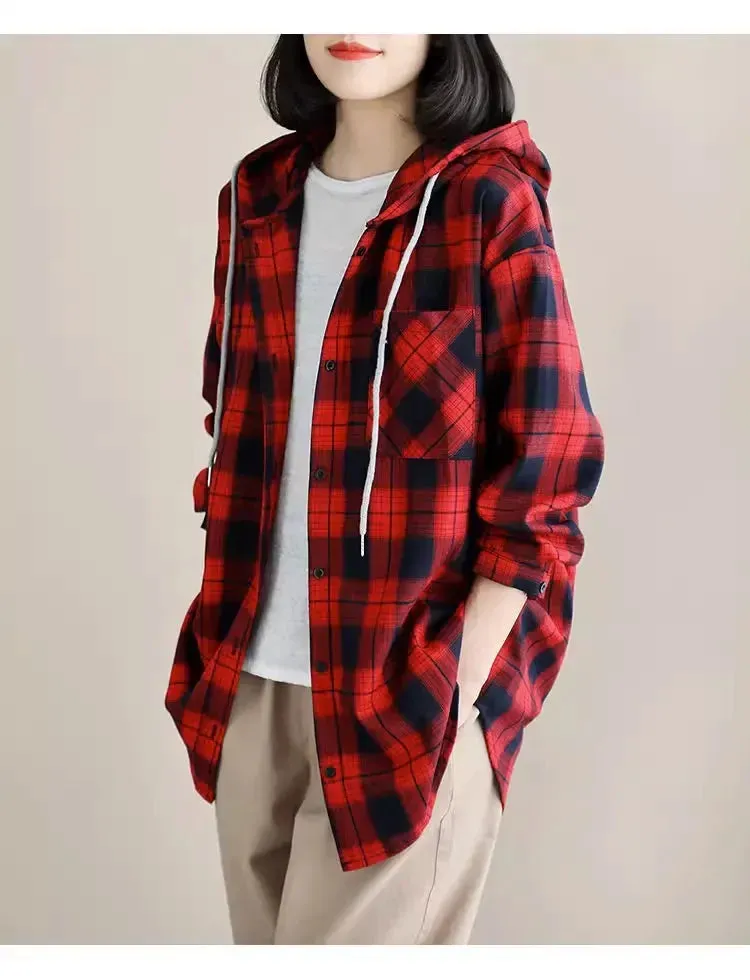 Top Women Clothing Checkered Shirt Hooded Cardigan Jacke Loose Top Ladies Versatile T Korean Style Streetwear Spring Summer Y2k