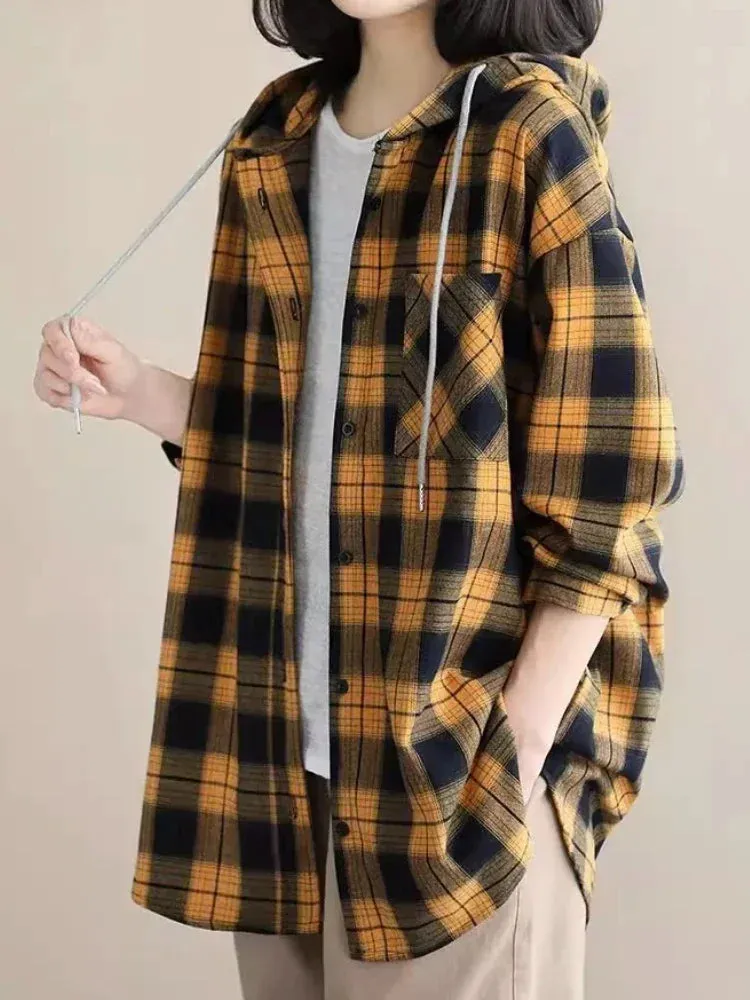 Top Women Clothing Checkered Shirt Hooded Cardigan Jacke Loose Top Ladies Versatile T Korean Style Streetwear Spring Summer Y2k