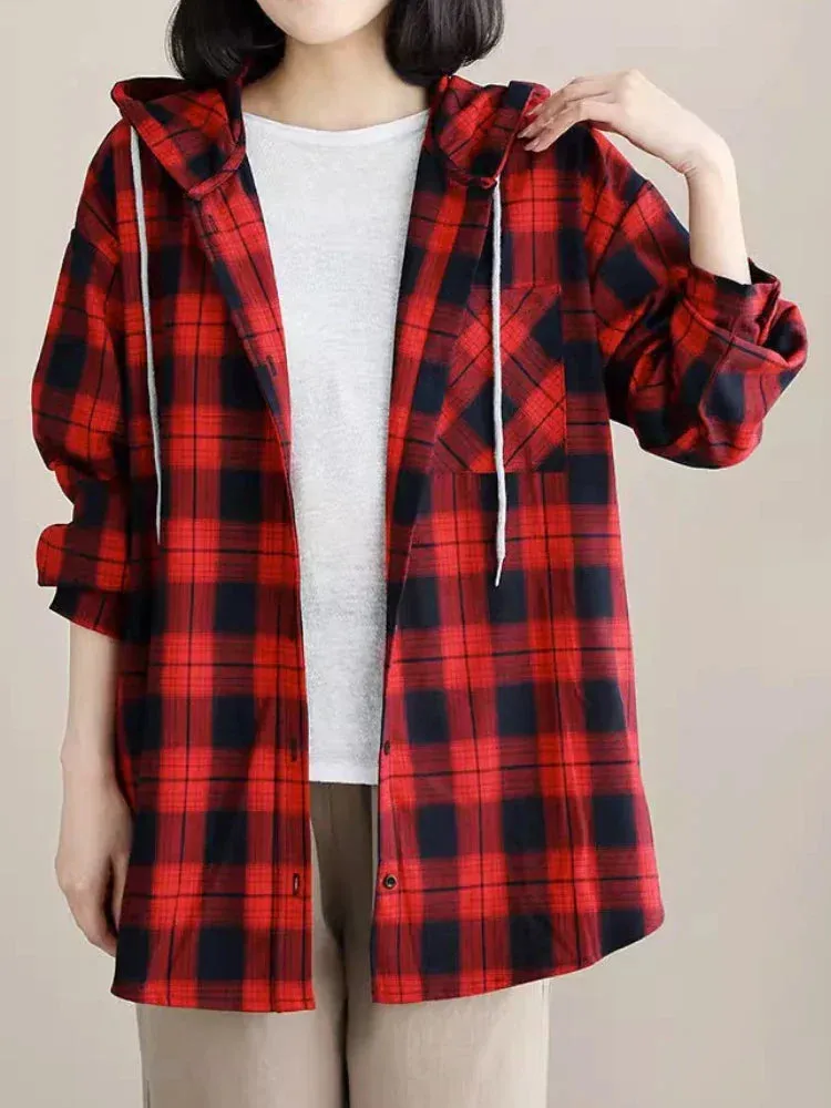 Top Women Clothing Checkered Shirt Hooded Cardigan Jacke Loose Top Ladies Versatile T Korean Style Streetwear Spring Summer Y2k