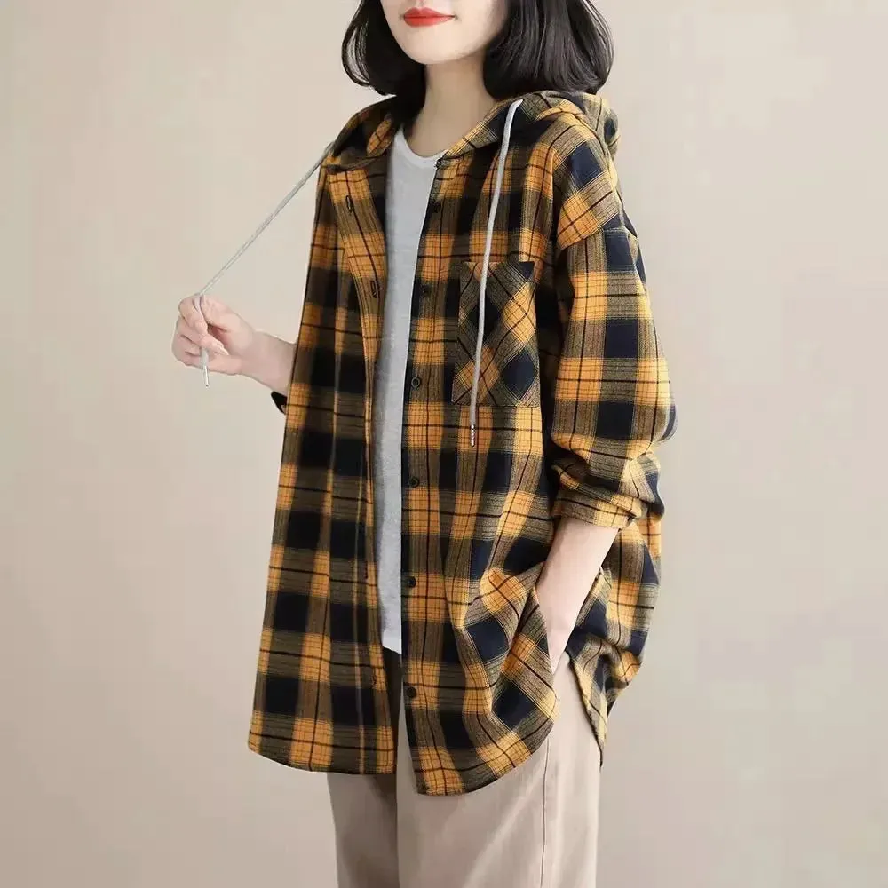 Top Women Clothing Checkered Shirt Hooded Cardigan Jacke Loose Top Ladies Versatile T Korean Style Streetwear Spring Summer Y2k