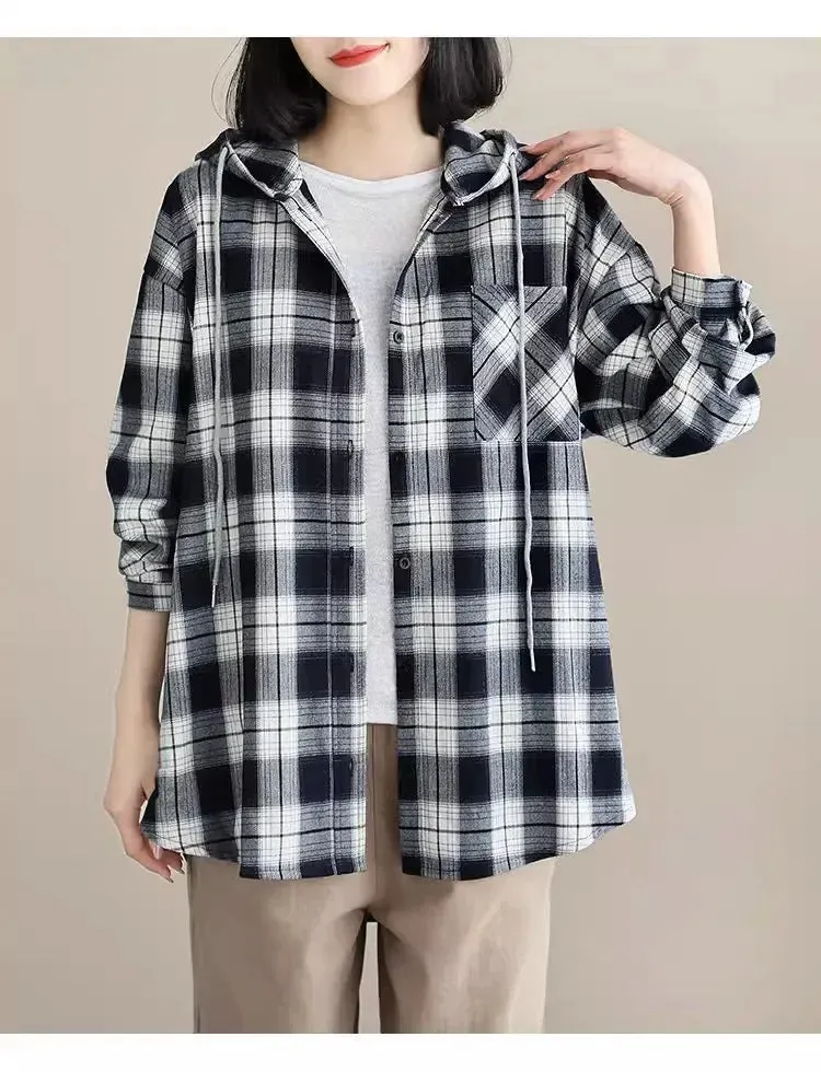 Top Women Clothing Checkered Shirt Hooded Cardigan Jacke Loose Top Ladies Versatile T Korean Style Streetwear Spring Summer Y2k