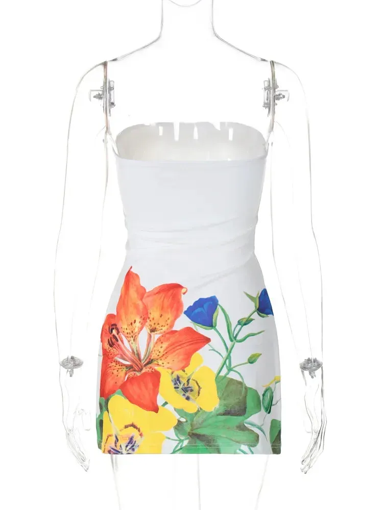 Woman Clothes Floral Print Sleeveless Mini Dress Y2K Streetwear Fashion Casual Strapless Backless Slim Beach Holiday Dresses