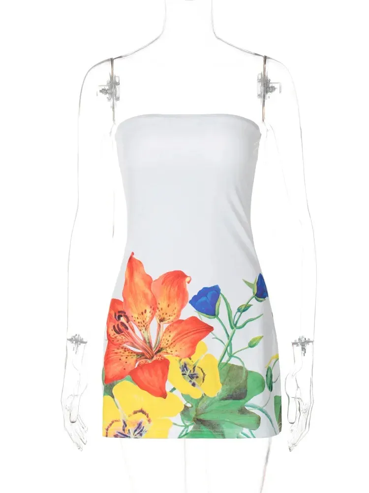 Woman Clothes Floral Print Sleeveless Mini Dress Y2K Streetwear Fashion Casual Strapless Backless Slim Beach Holiday Dresses