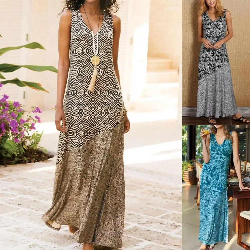 Women Loose Dress Vintage Geometric Print V Neck Sleeveless Dress for Beach