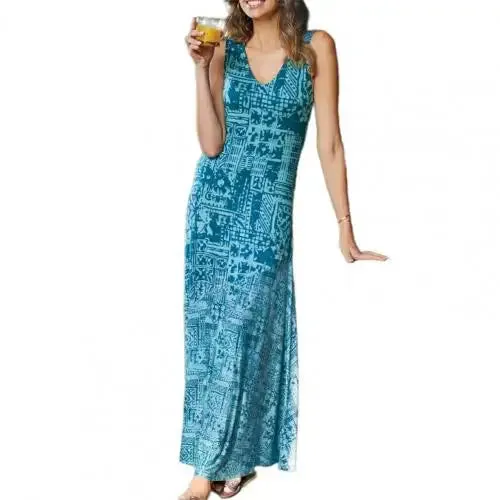 Women Loose Dress Vintage Geometric Print V Neck Sleeveless Dress for Beach